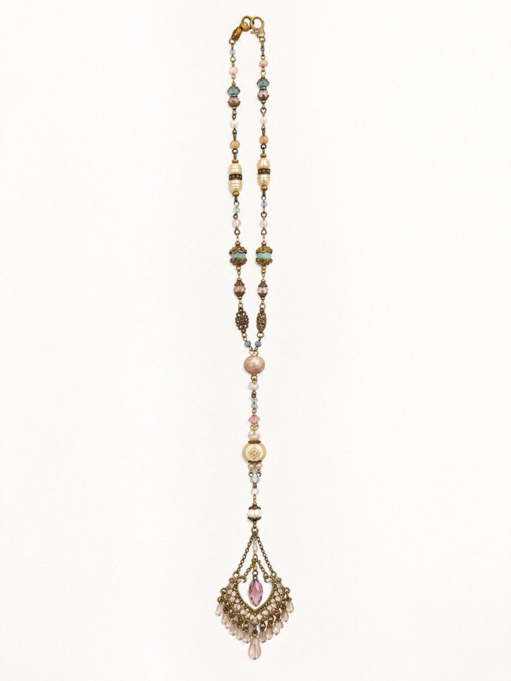 Long Boho Beaded Y Necklace Pink Crystal Chandelier Pendant